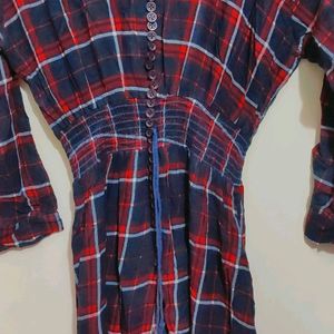 Red & Navy Blue Check Print Long Front Cut Open Ku