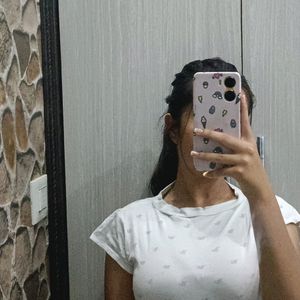 White Coloured Doodled Crop Top