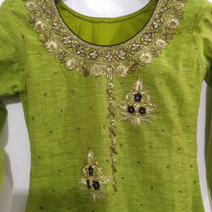 Party Wear Blue And Parrot  Green Hand Work Kurta