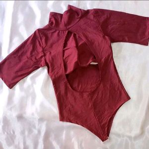 Maroon Padded Backless Bodysuit Top