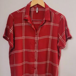 Red Checked Casual Half Sleeves Shirt Collar Women