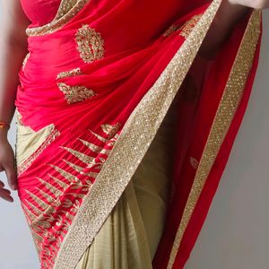 Party Wear Saare Combination Of Golden & Red