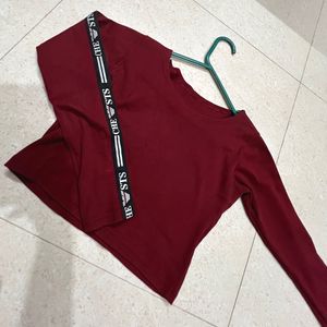 Maroon Fitted Full Sleeve Crop Top