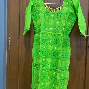 Yellow And Green Cotton Kurti Set