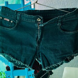 Dark Green Denim Hot Pants