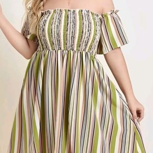 Strips printed off shoulder smoked dress