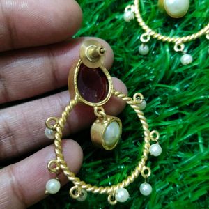 Brass Earrings With Red Stone And Beads