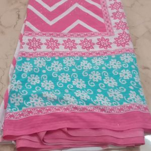 Blue With Pink And White Synthetic Chiffon Saree