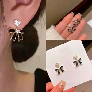 Korean Black Bow Studded Heart Earrings