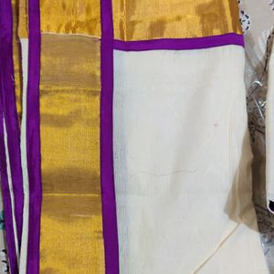 Onam Special Cream And Golden Purple 💜mundu Set