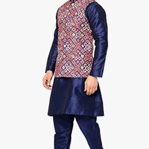 Men's Silk Navy Blue Kurta Pyjama & Printed jacket