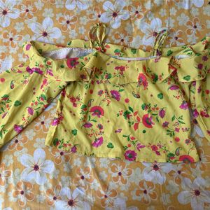 Bell Sleves Floral Neon Yellow Crop Top