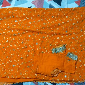 Embroid Party Wear Orange Saree