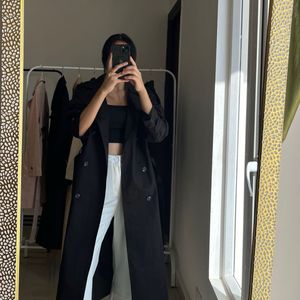 Oversized Black Cotton Trench Coat