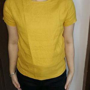 Women Yellow Linen Regular Fit T-shirt