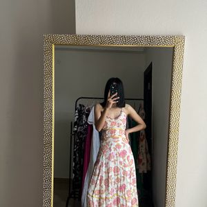 Floral Pink/White Midi Dress W Corset Back Style