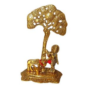 Metal Krishna with Cow Standing Under Tree