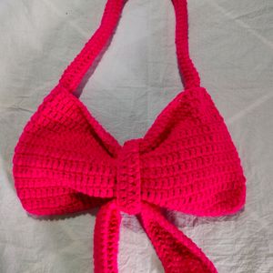 Hand Made Crochet Beautiful Bow Bag Bright Pink