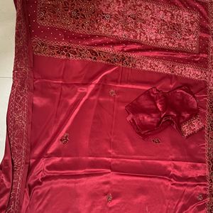 Red Silk Velvet Work Saree