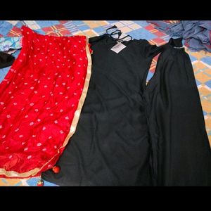 Black Kurta Pant With Red Duppta