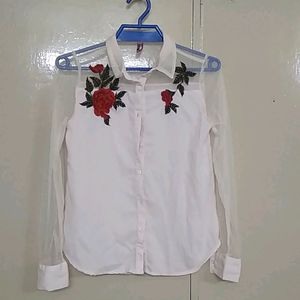 Women Red Rose Embroidered Shirt