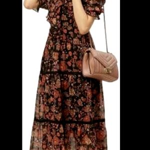 Quality Black&Rust Orange Floral Print Tiered Midi