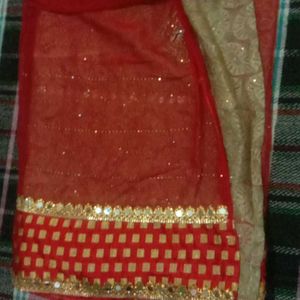 Red And Cream Colour Mirror Work Saree