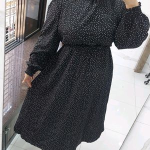 Black Polka Doted High neck Flared Dress