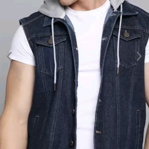 Men Navy Blue Denim Jacket with Detachable Hood