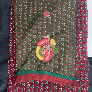 Green Net Cotton Embroidered Sari