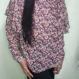 Red Floral Print Front Gathered Shirt