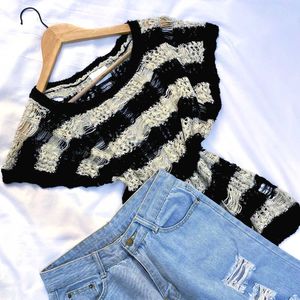 Pinterest Crochet Black & Cream Pullover Top