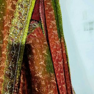 Brown And Olive Embroidered Lehenga (Women's)