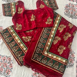 Pure Georgette Deep Red Embroidered Saree