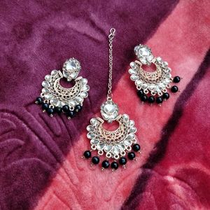 Alloy Golden-black Earrings & Mangtika Set