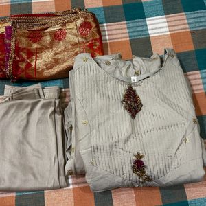 Light Grey Long Kurta, Pant & Dupatta Set Size XL