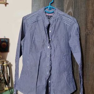 Blue Striped Chinese Collared Shirt For Women