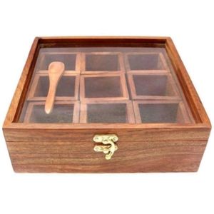 Offer 🔥 Wooden Spice Box 9 Partition With Glass L