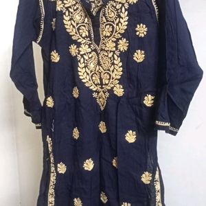 Navy Blue Chikankari Cotton Straight Kurta