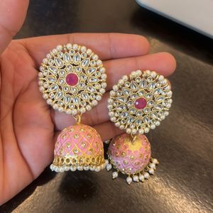 stylish Pink Kundan Pearl Jhumka For Women