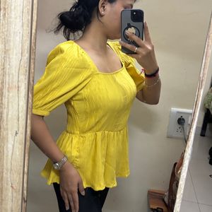 Yello Puffed Sleeves Peplum Top