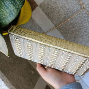 Golden Embellished Clutch With Detachable Sling