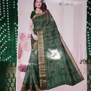 💥🆕️ Green Saree With Golden Woven Border