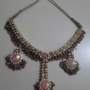 Pink Gold Diamond Necklace With Mang Tikka And Cha