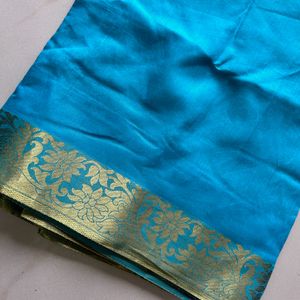 Womens Blue Cotton Blend Saree