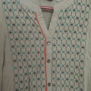 Khaki Colour Kurti Top With Embroidered Chest Work