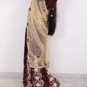 Lehenga Choli Dupatta Set - Maroon Velvet