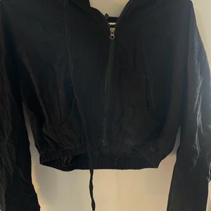 Black Solid Corduroy Cropped Bomber Jacket