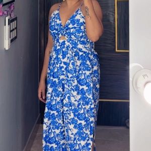 Blue Printed Dual Slit Maxi Dress