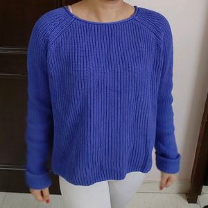 Women Blue Oversized Knited Rib Cotton Sweater